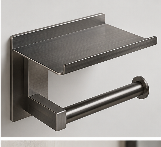 Brushed Gunmetal PVD Toilet Roll Holder with Integrated Phone Shelf