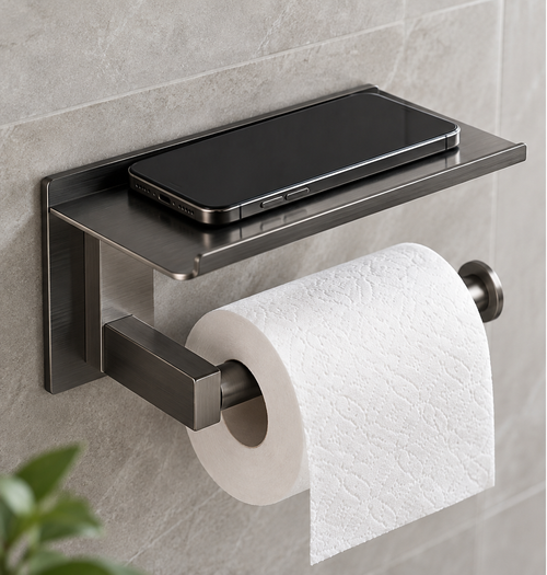 Brushed Gunmetal PVD Toilet Roll Holder with Integrated Phone Shelf