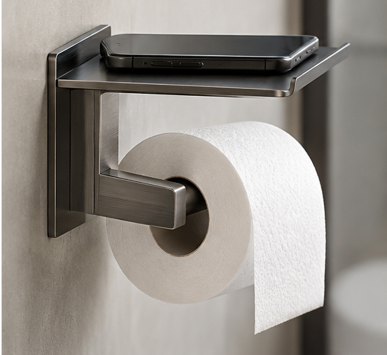 Brushed Gunmetal PVD Toilet Roll Holder with Integrated Phone Shelf