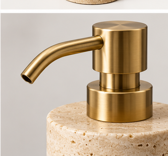 Beige Travertine Stone Liquid Soap Dispenser with Brass Pump