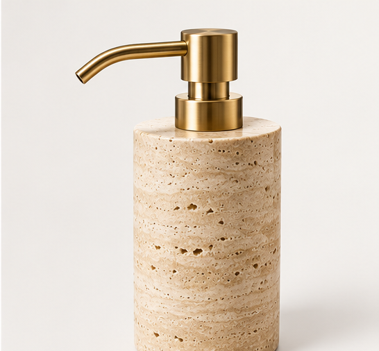 Beige Travertine Stone Liquid Soap Dispenser with Brass Pump