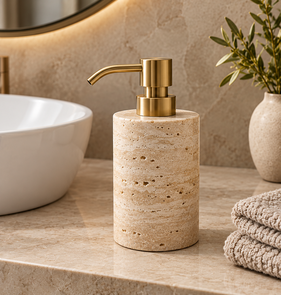 Beige Travertine Stone Liquid Soap Dispenser with Brass Pump