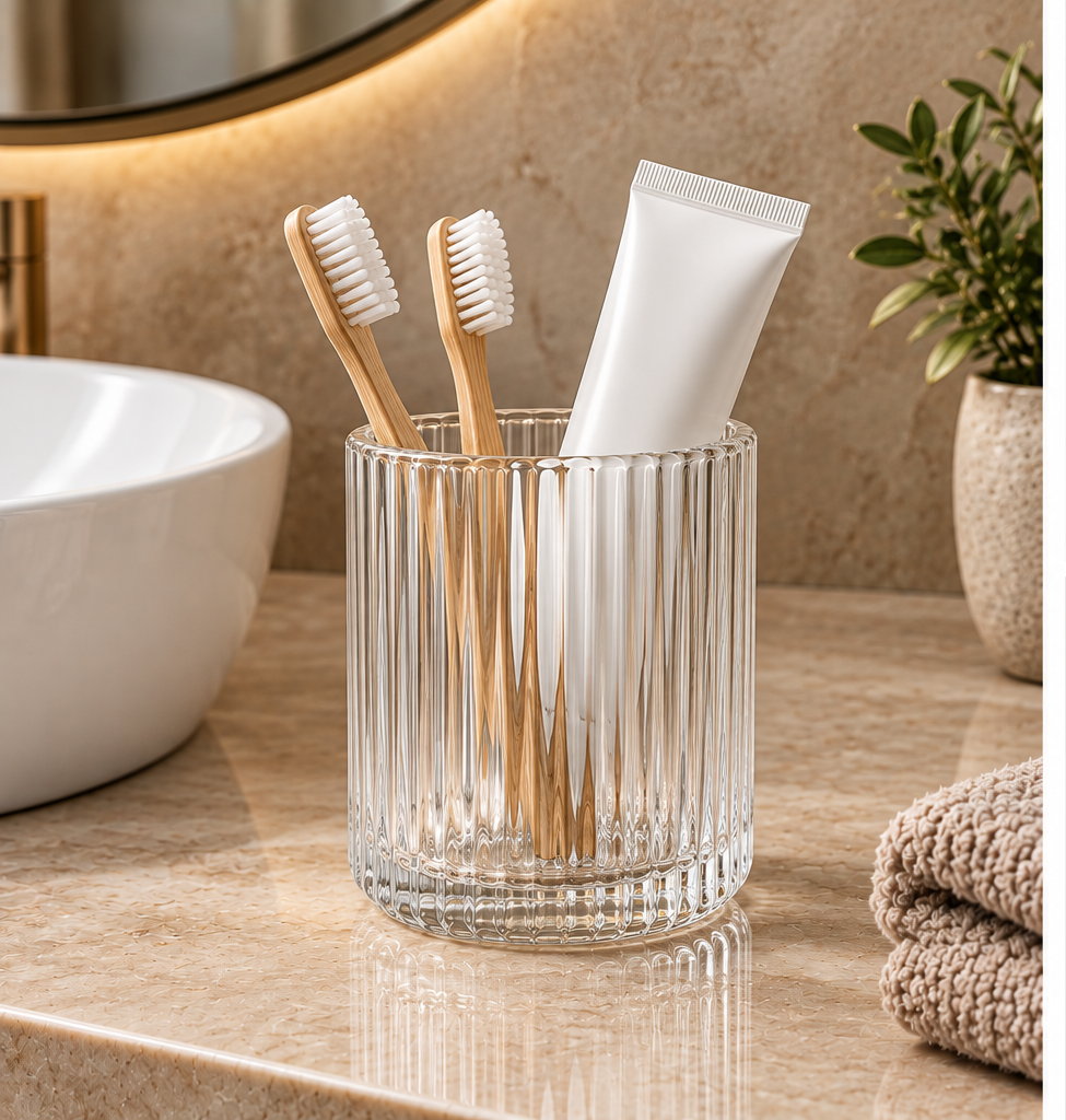Fluted Ribbed Glass Countertop Tumbler &amp; Toothbrush Holder