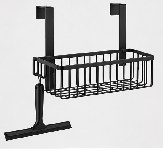 Hanging Shower Enclosure Basket with Squeegee Hook – No-Drill Glass Mounting