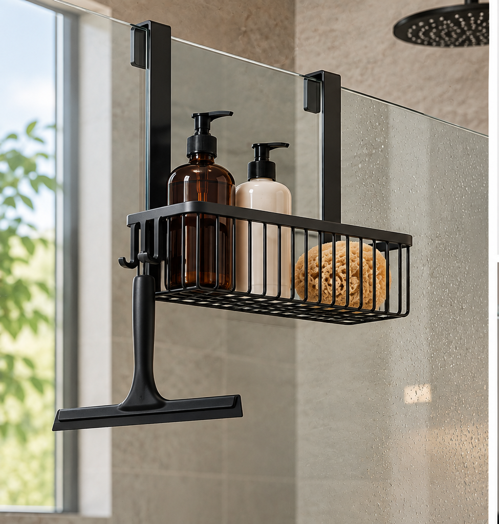 Hanging Shower Enclosure Basket with Squeegee Hook – No-Drill Glass Mounting