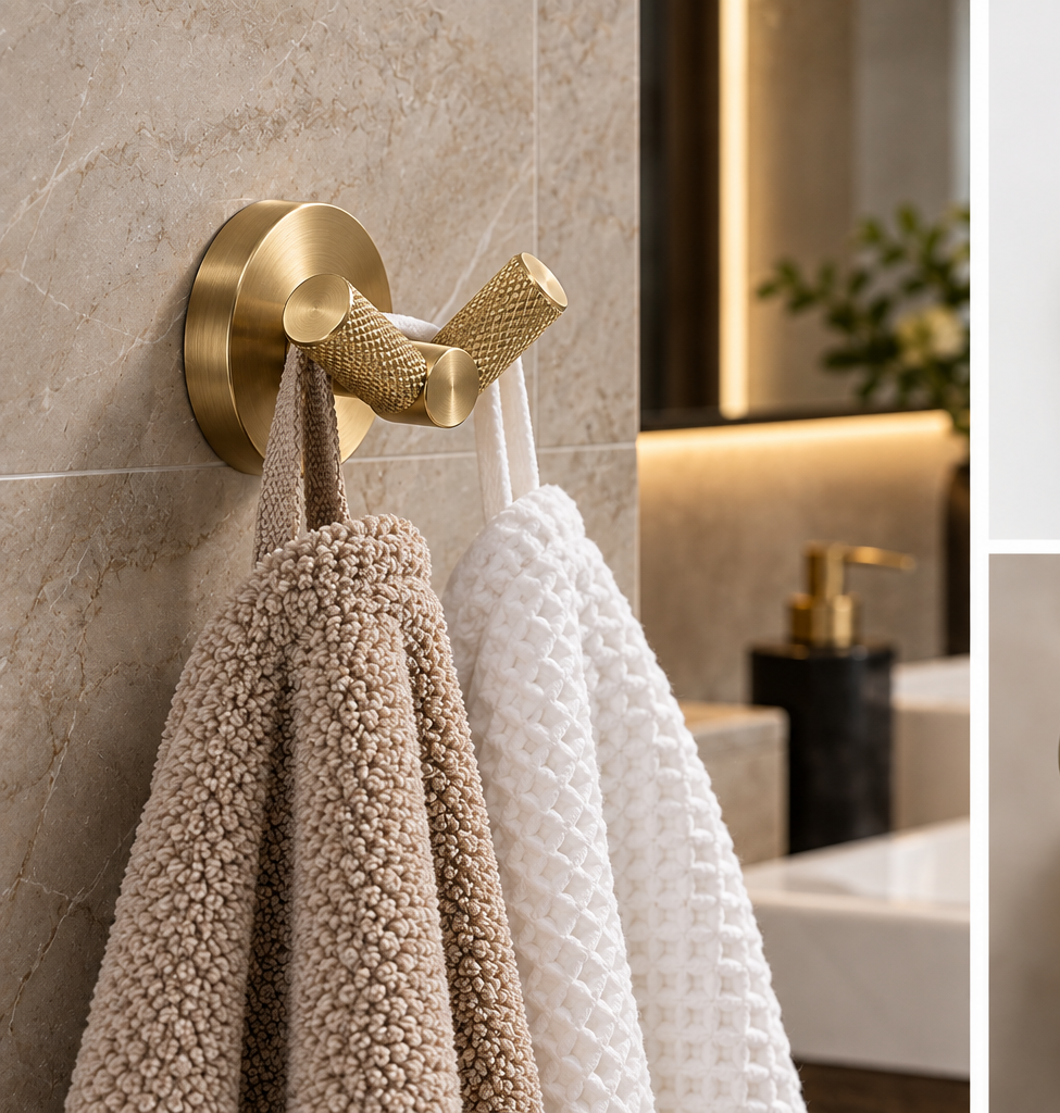Knurled Brushed Brass Double Towel &amp; Bathrobe Hook – Diamond Cut
