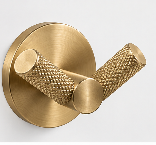 Knurled Brushed Brass Double Towel &amp; Bathrobe Hook – Diamond Cut